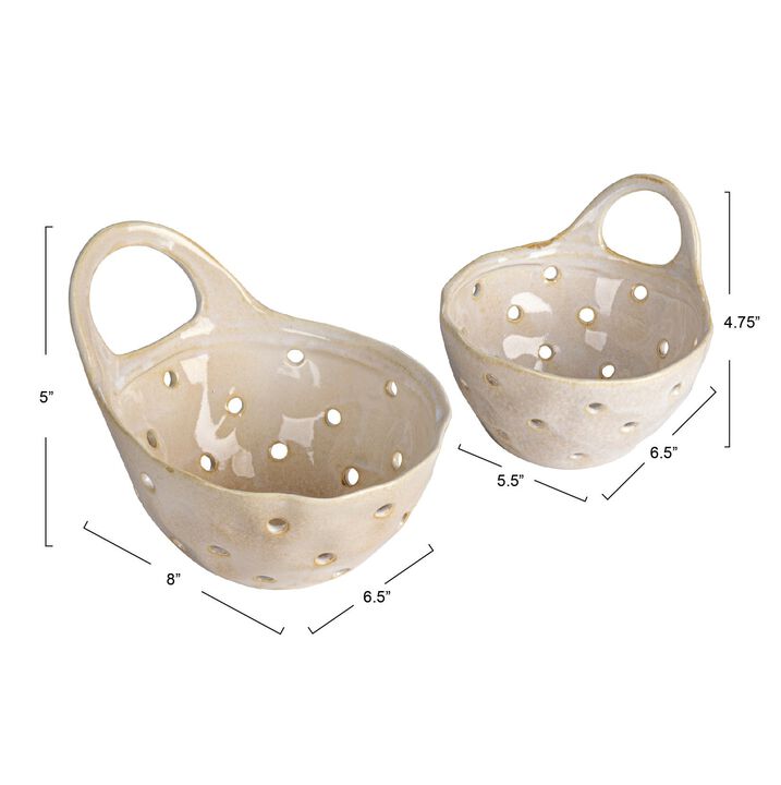 2‑Piece Stoneware Colanders with Handles, Reactive Cream Glaze