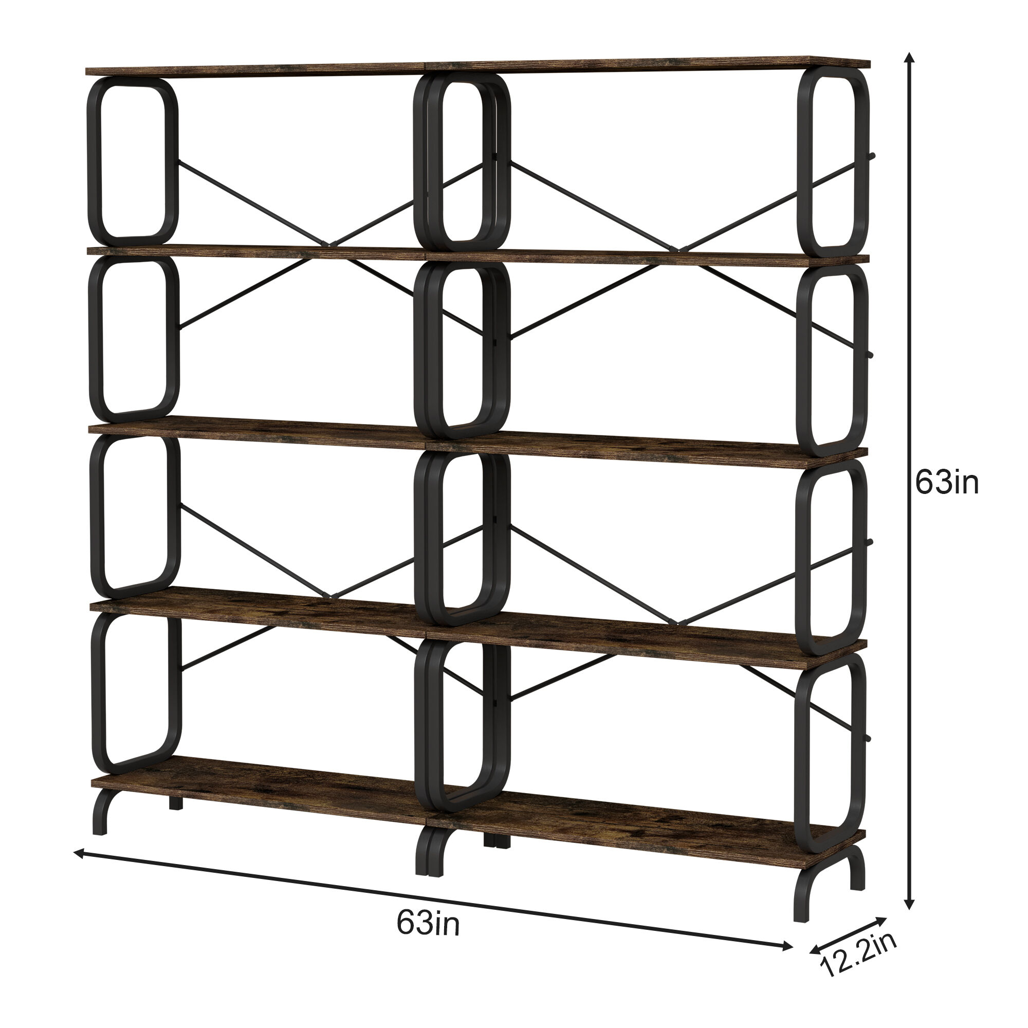 5-Tier Industrial Bookshelf, Rustic Brown Tall Bookcase with Open