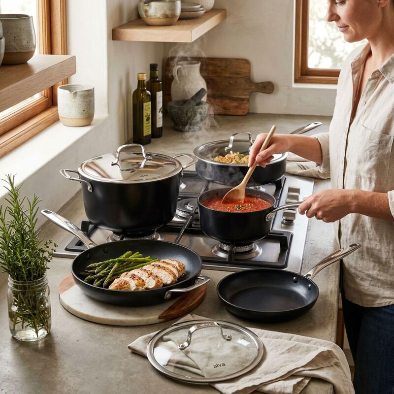 Alva Maestro Cookware Set - Nonstick Ceramic Pans and Pots with Lids - Oven Safe, Easy to Clean and Made without PFAS, PFOA & PTFE - Induction and All Stovetop Compatible image number 8