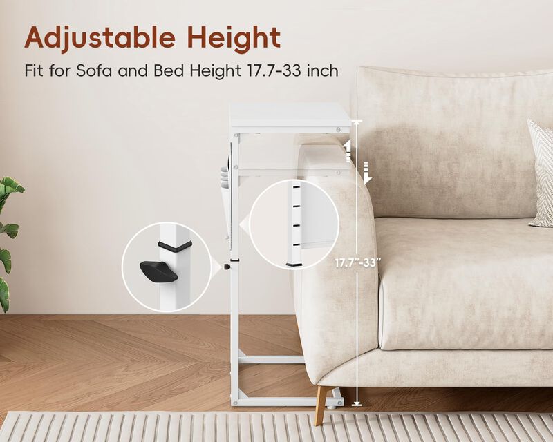 Vagusicc C Shaped End Table with Charging Station, 33""Tall Couch Side Table , Adjustable Height Small Couch Side Table for Smal