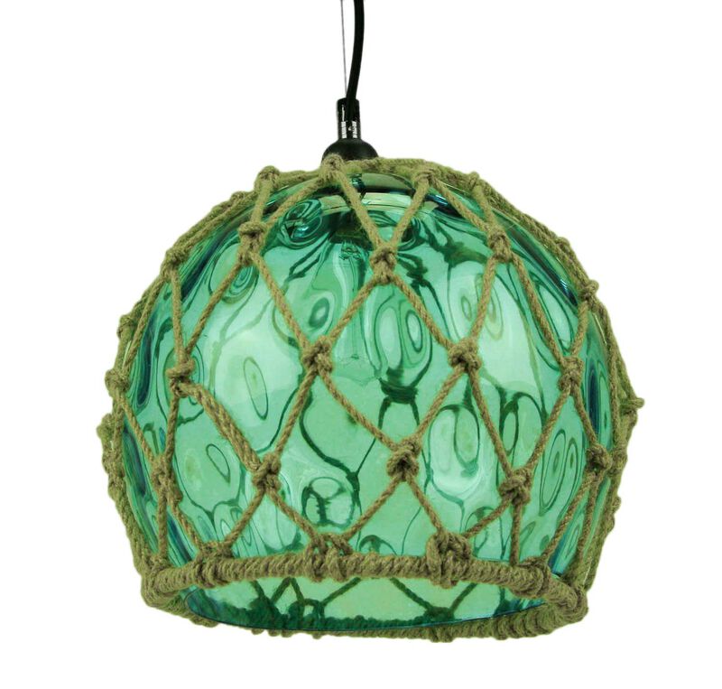 Green Glass Rope Wrapped Pendant Light Coastal Ceiling Lamp image number 1