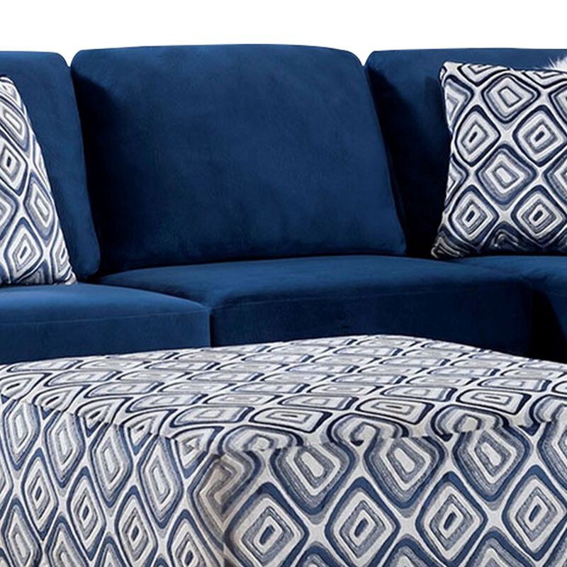 Hyna Sectional L Sofa, Navy Blue Microfiber, 4 Throw Pillows, 124 Inch - Benzara