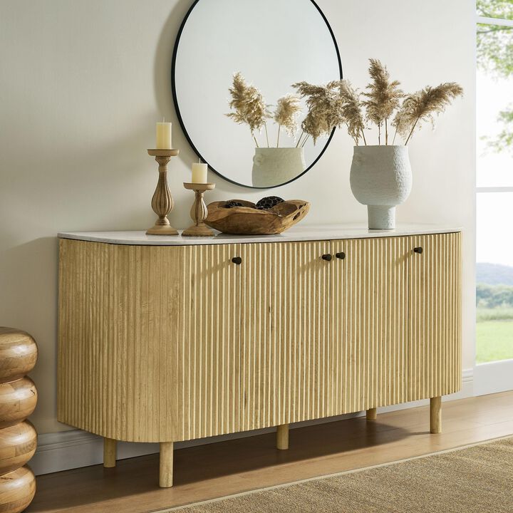 Modway Caldera 60-Inch Curved Solid Wood Fluted Sideboard in Natural with Marble Top &ndash; Large 4-Door Storage Accent Cabinet with Adjustable Shelves