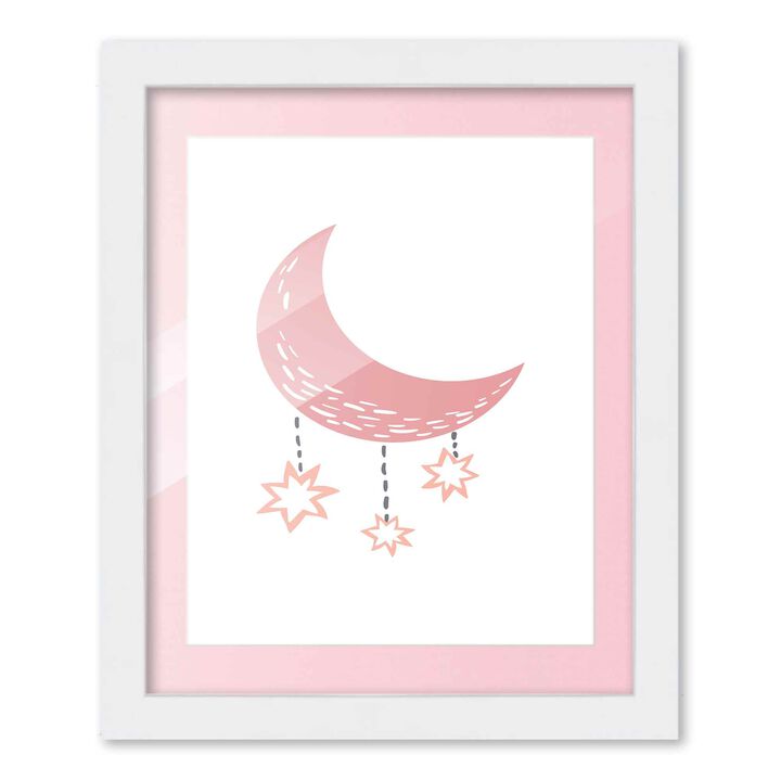 8x10 Framed Nursery Wall Art Boho Galaxy Moon Poster in Pink with Soft Pink Mat in a 10x12 White Wood Frame
