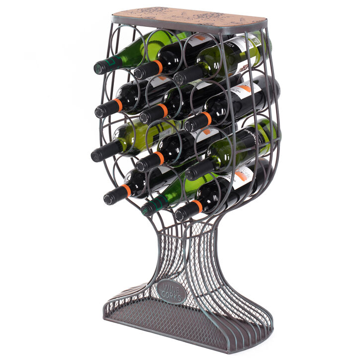 Vintage Decorative Wooden Metal Goblet Shaped Freestanding Wine Rack with Cork Holder
