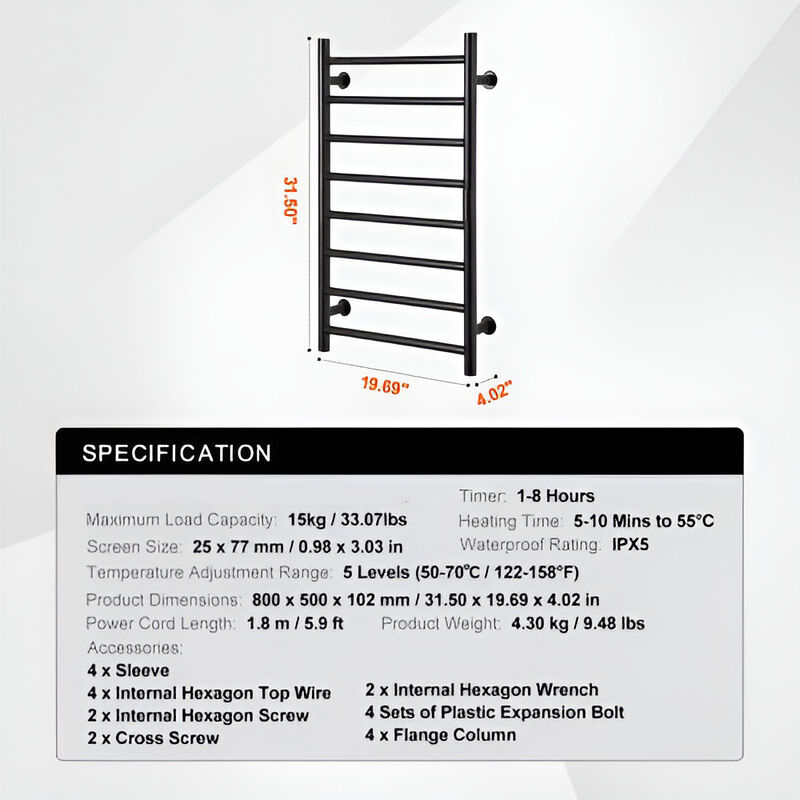 8 Bars Towel Warmer Rack Wall Mounted Heated Towel Rack for Bathroom