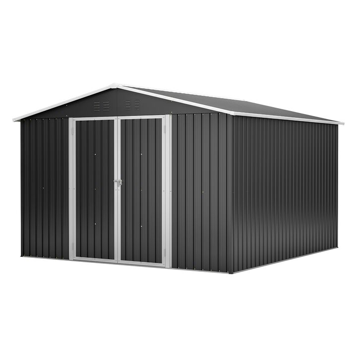 10 x 10 FT Galvanized Steel Storage Shed, Lockable Tool Shed for Backyard Patio Lawn, Grey