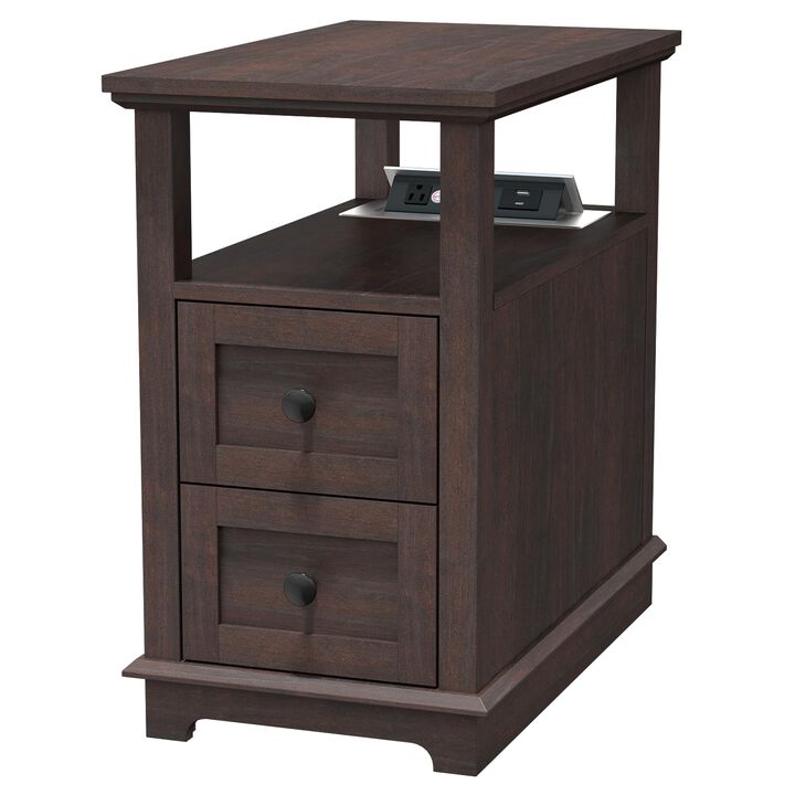 HIFYOBRO Narrow End Table with Flip Top Charging Station, Side Table with 2 Drawers, Type-C & USB Port & Power outlets, Wooden S