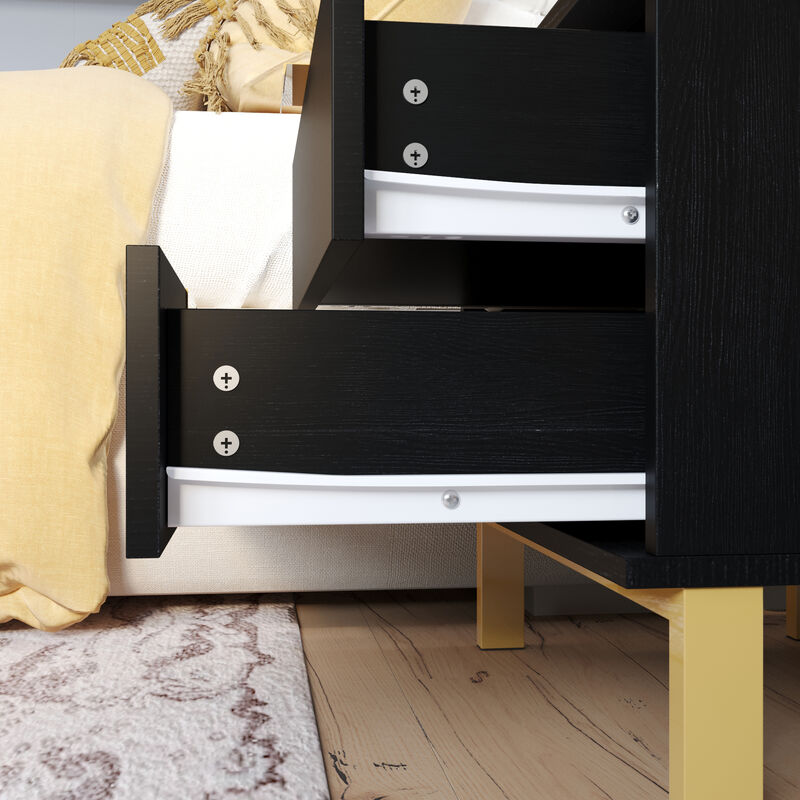 2-Drawer Black Wooden Nightstand Bedside Table With 4 Metal Legs 15.7 in. D x 19.7 in. W x 17.9 in. H