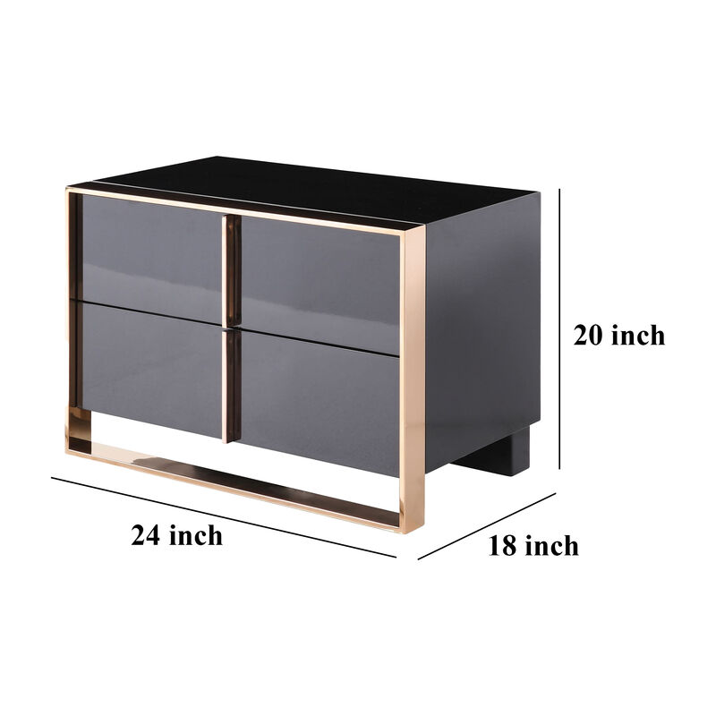 Caer Nightstand, 2 Drawers, Modern Rose Gold Stainless Steel, Black - Benzara