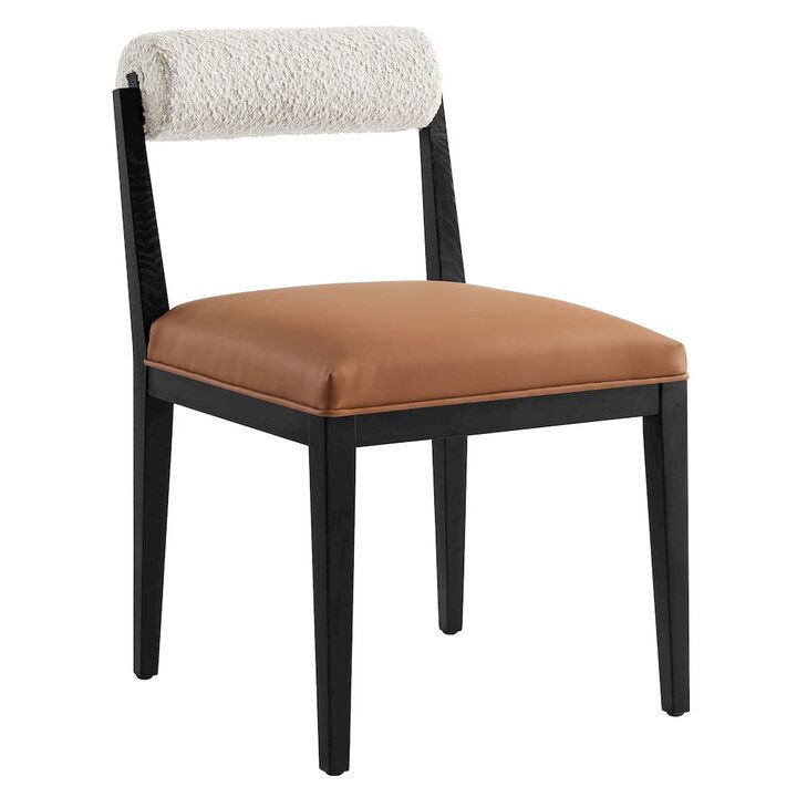 Modway Kai Upholstered Dining Chair with Wood Legs in Pearl Tan Black - Modern Dining Room Chair with Boucle Fabric Backrest and Faux Leather Seat - Wood Fabric Side Chair for Dining Room, Kitchen
