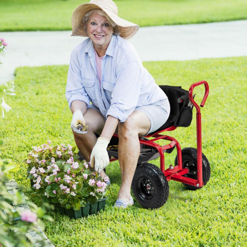 Hivvago Cushioned Rolling Garden Cart Scooter with Storage Basket and Tool Pouch