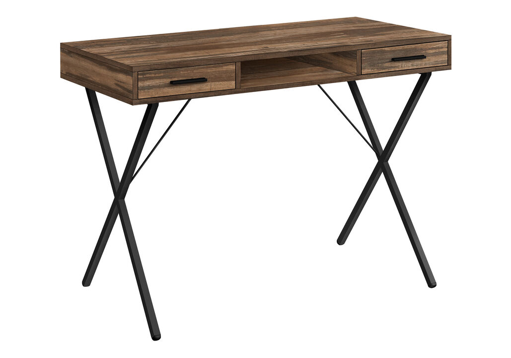 HomeRoots 42" Brown and Black Wood and Metal x-Shape Computer Desk With Two Drawers
