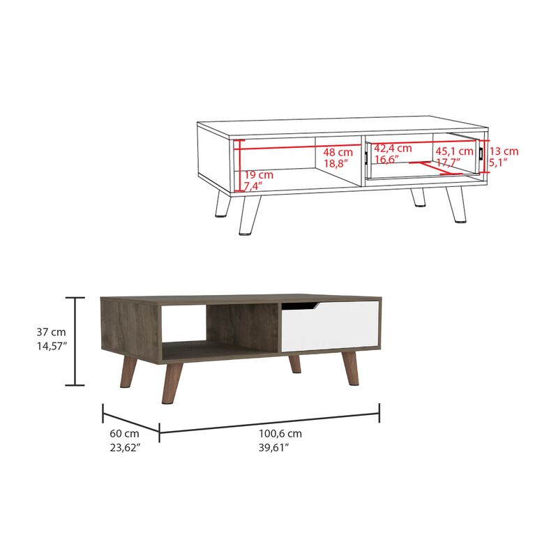 Oslo Coffee Table 2.0, One Drawer, Four Legs -Dark Brown / White