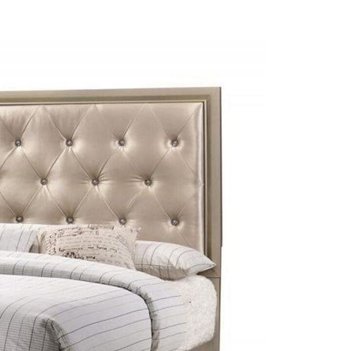 Transitional Wooden Queen Size Bed with Button Tufted Headboard, champagne-Benzara