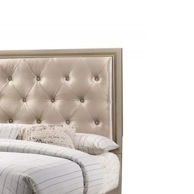 Transitional Wooden Queen Size Bed with Button Tufted Headboard, champagne-Benzara