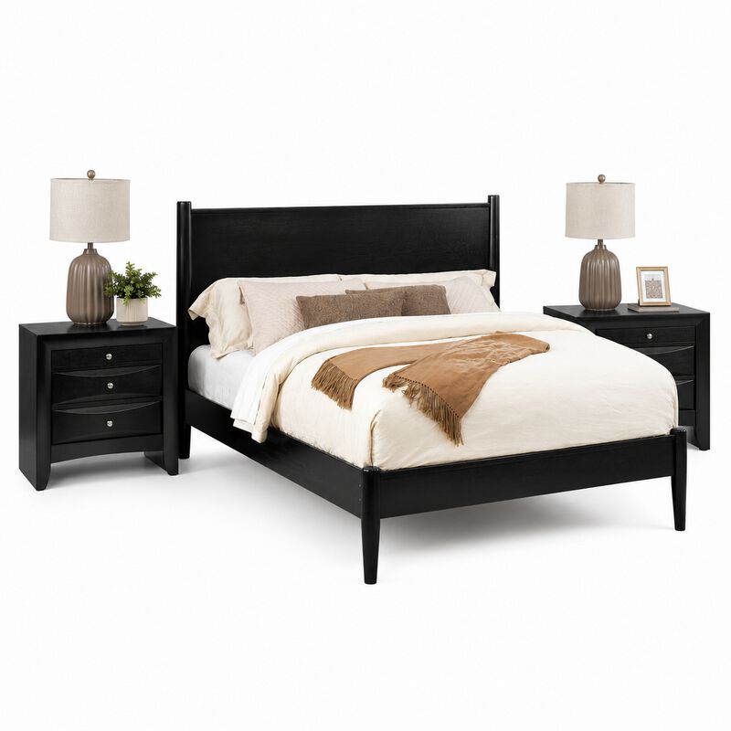 Queen Bedroom Set, Black Wood, 3 Piece Set with 2 Nightstands image number 0