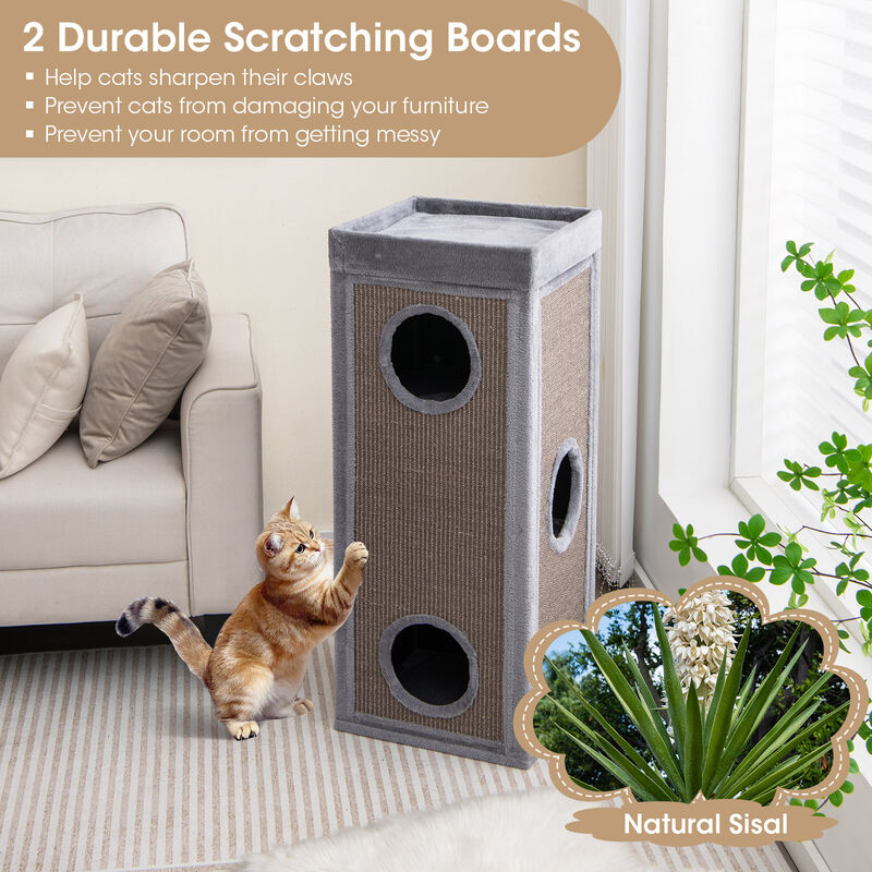 39" Tall Cat Condo with Scratching Posts and 3 Hideaways and 4 Soft Plush Cushions
