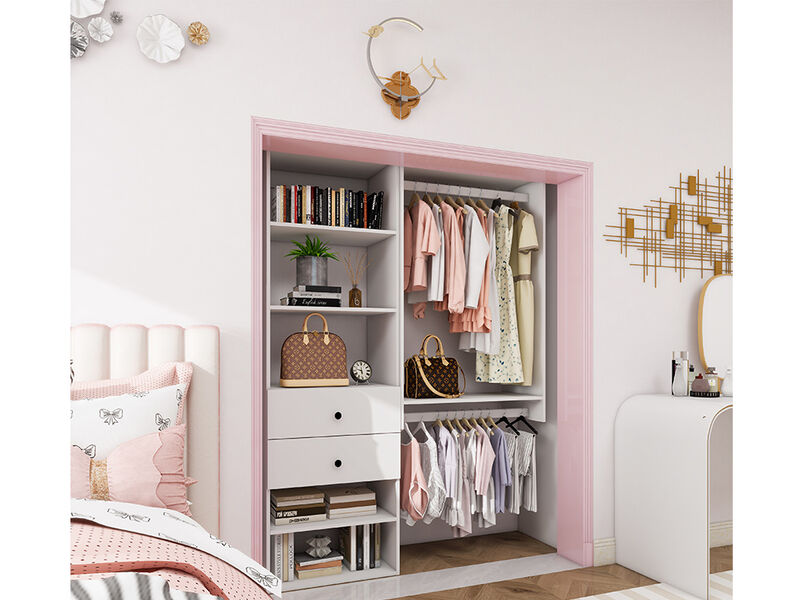 Closet Organizer System, Closet System with 2 Drawers, 2  Clothing Racks， Walk in Closet Organizers and Storage with 5 Shelves Wall Mounted, White Wardrobe Closet