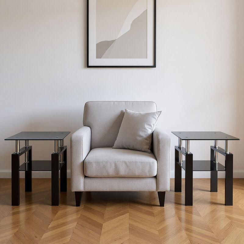 HomeRoots Set of Two Black Glass and Metal Square End Tables With Shelf image number 1