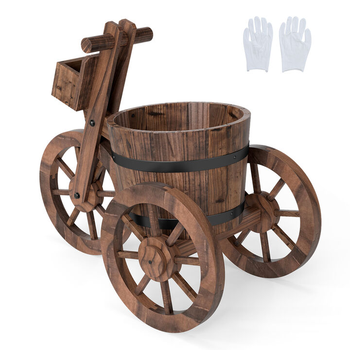 Wooden Tricycle Planter with Wheels and Built-In Storage Box-Coffee