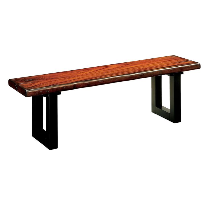 Rectangular Wooden Bench with Curved Edges and Sled Base, Brown and Black-Benzara