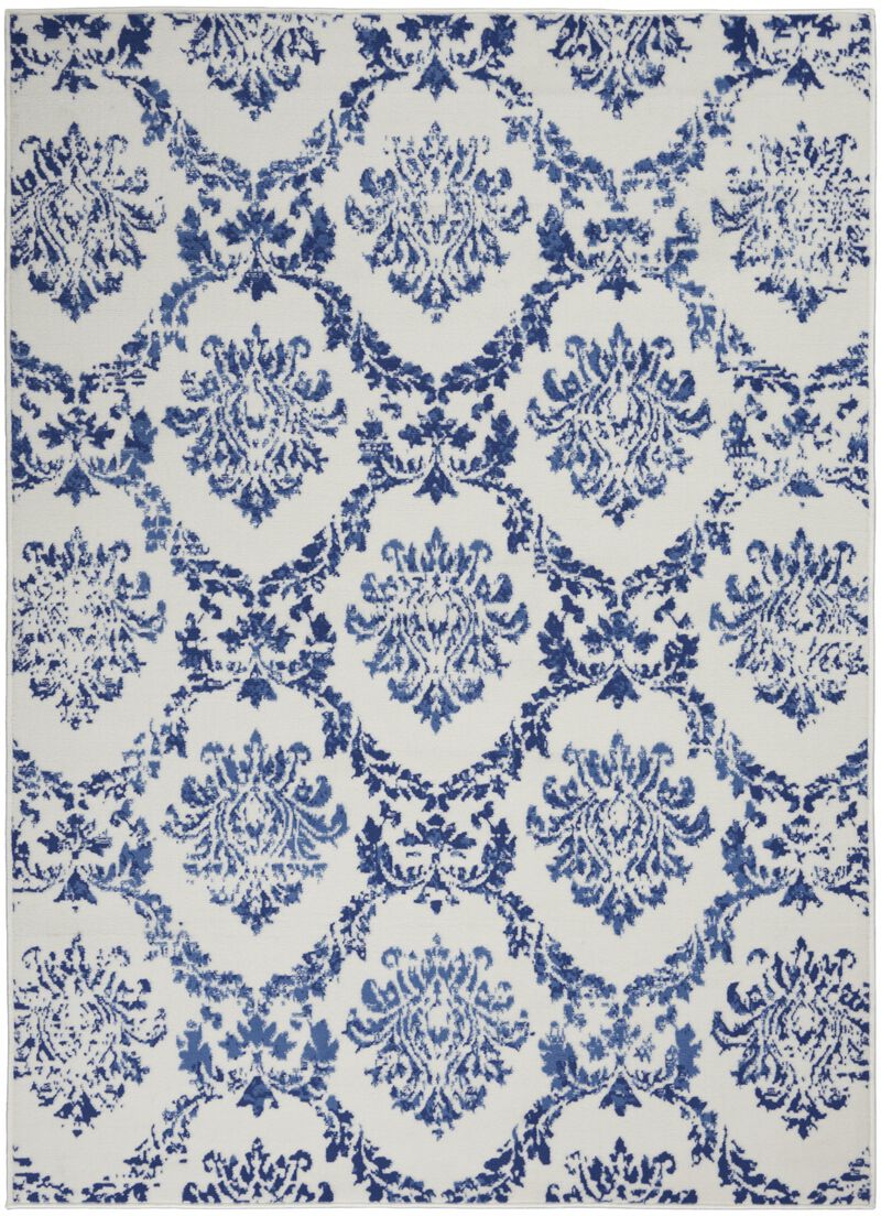 6 X 9 Ivory And Navy Damask Area Rug