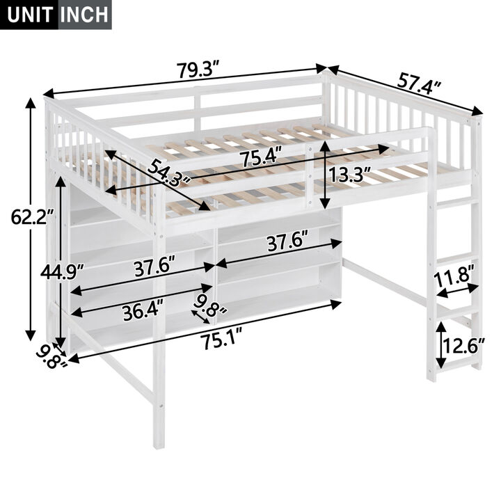 Full Size Loft Bed with 8 Open Storage Shelves and Builtin Ladder, White