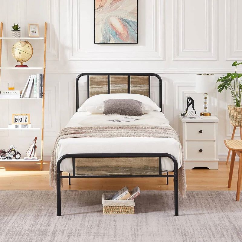 Contemporary Wood-Metal Platform Bed Frame Featuring Rounded Headboard and Footboard