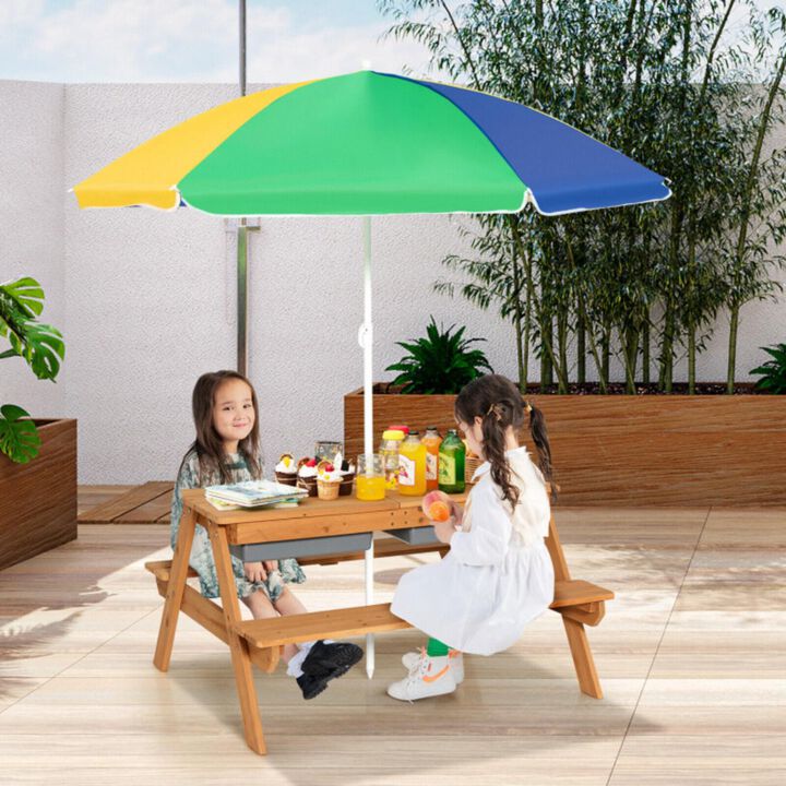 Hivvago 3-in-1 Kids Outdoor Picnic Water Sand Table with Umbrella Play Boxes - Yellow