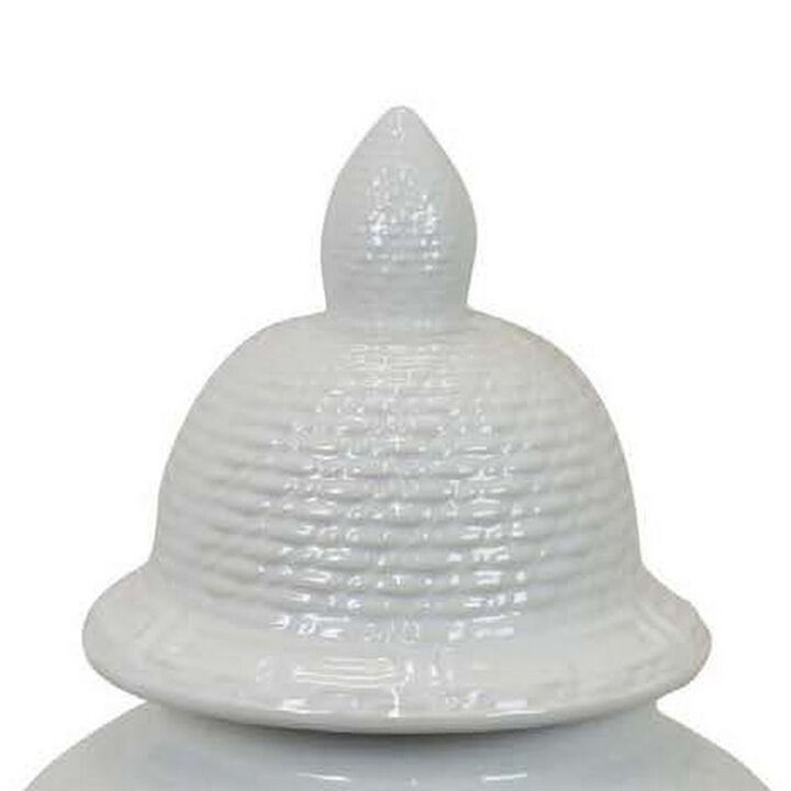 Bryan 24 Inch Ceramic Temple Jar, Geometric Print, Finial Top, White - Benzara