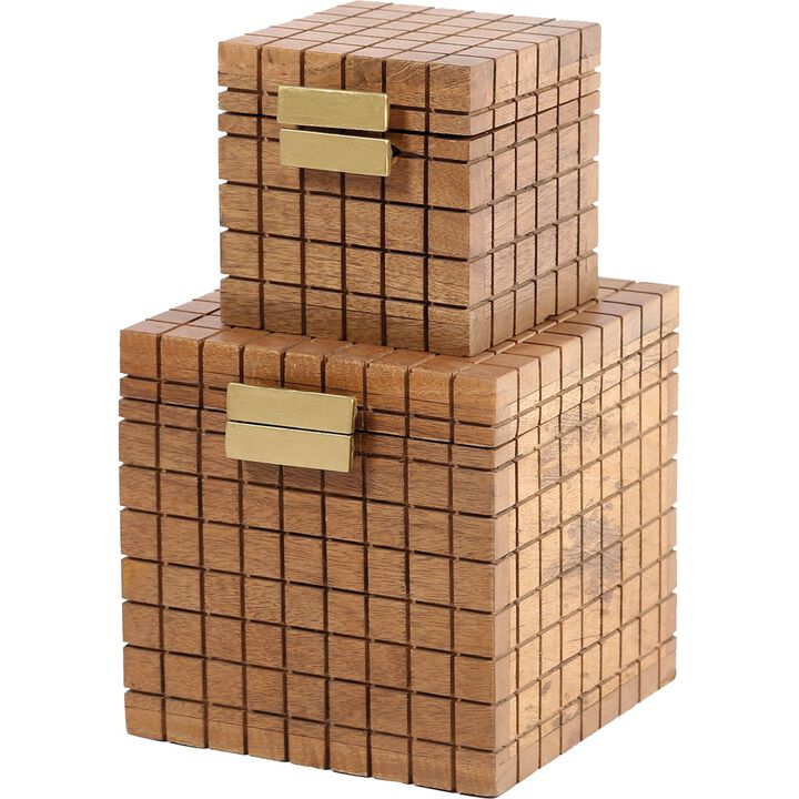 Set of 2 Natural Brown Grid Mango Wood Boxes 9.5"