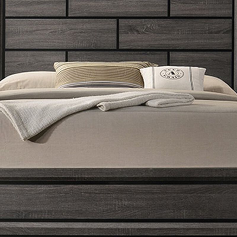 Mazie Queen Bed, Brick Style Headboard, Black Tapered Legs, Oak Gray Wood - Benzara image number 2