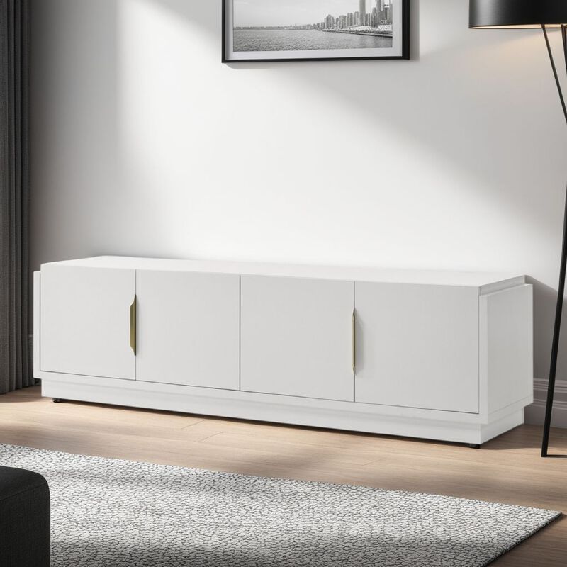 Penny TV Stand Media Cabinet, Adjustable Shelves, 4 Doors, White Wood - Benzara