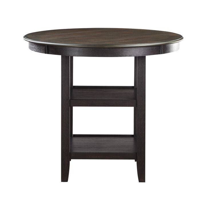 Anji 42 Inch Counter Table, Round Surface, 2 Open Shelves, Brown, Black - Benzara