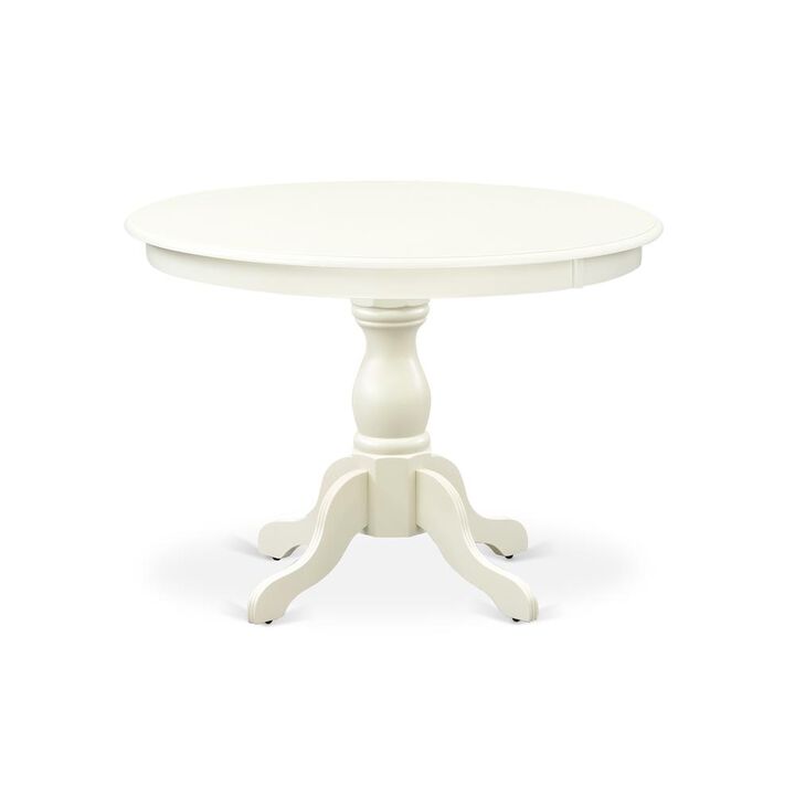 East West Furniture HBT-LWH-TP East West Furniture Modern Dining Room Table with Linen White Color Table Top Surface and Asian Wood Dinette Table Pedestal Legs - Linen White Finish