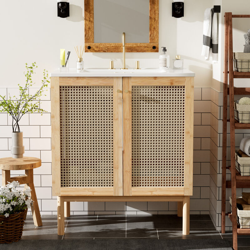 ELEMENT ACE Space-Saving Natural Bamboo Vanity with Handwoven Rattan Doors image number 1