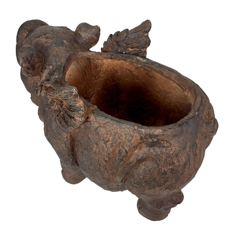 Flying Pig Planter 17" Brown, With Drain Hole, Rustic Indoor Outdoor Decor image number 3