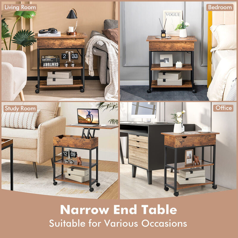 Lift Top End Table with Charging Station and Universal Wheels-Rustic Brown image number 4