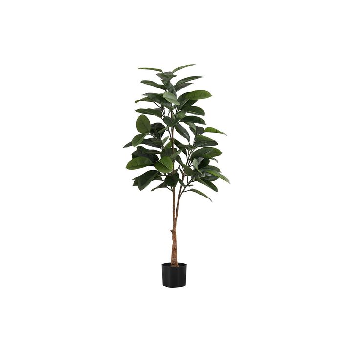 Monarch Specialties I 9514 - Artificial Plant, 52" Tall, Rubber Tree, Indoor, Faux, Fake, Floor, Greenery, Potted, Real Touch, Decorative, Green Leaves, Black Pot