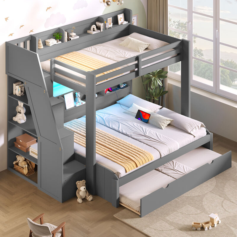 Merax Twin over Full Wooden Bunk Bed with Storage Stairs image number 2