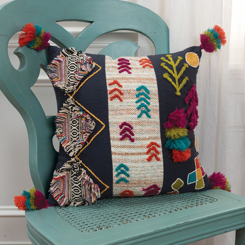 Tribal Inspired Embroidered Throw Pillow, Decorative Cushion for Sofa, Couch, or Chair