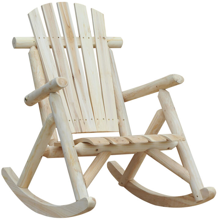 Outsunny Outdoor Wooden Rocking Chair, Single-person Adirondack Rocking Patio Chair with Rustic High Back, Slatted Seat and Backrest for Indoor, Backyard, Garden, Natural