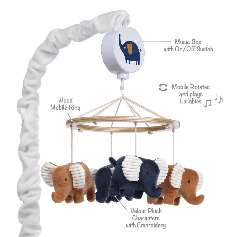 Lambs & Ivy Playful Elephant Blue/White Musical Baby Crib Mobile Soother Toy