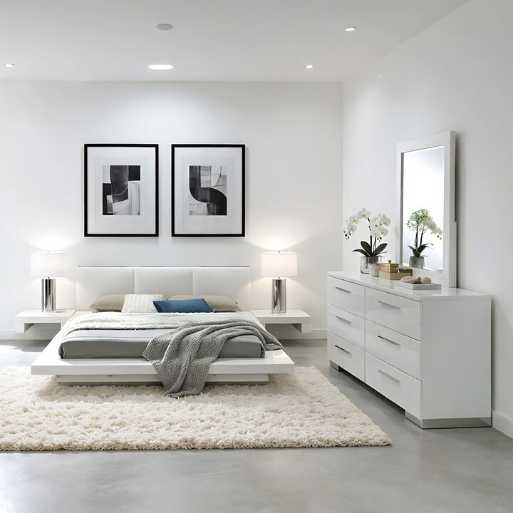 Estin 4pc Queen Bedroom Set, Low Profile Bed, Dresser Mirror, White