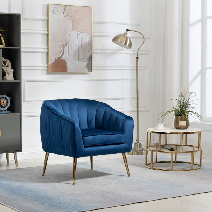 Velvet Accent Chair with Ottoman, Modern Tufted Barrel Chair Ottoman Set for Living Room Bedroom, Golden Finished, Blue