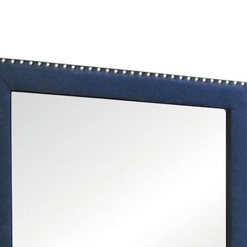 Cale 40 Inch Modern Glam Portrait Mirror, Nailhead, Blue Velvet Upholstered - Benzara