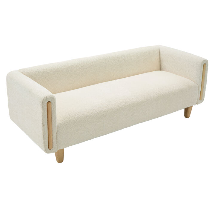 Merax Modern 3-Seater Boucle Sofa with Wood Accent Armrests & Solid Rubberwood Legs