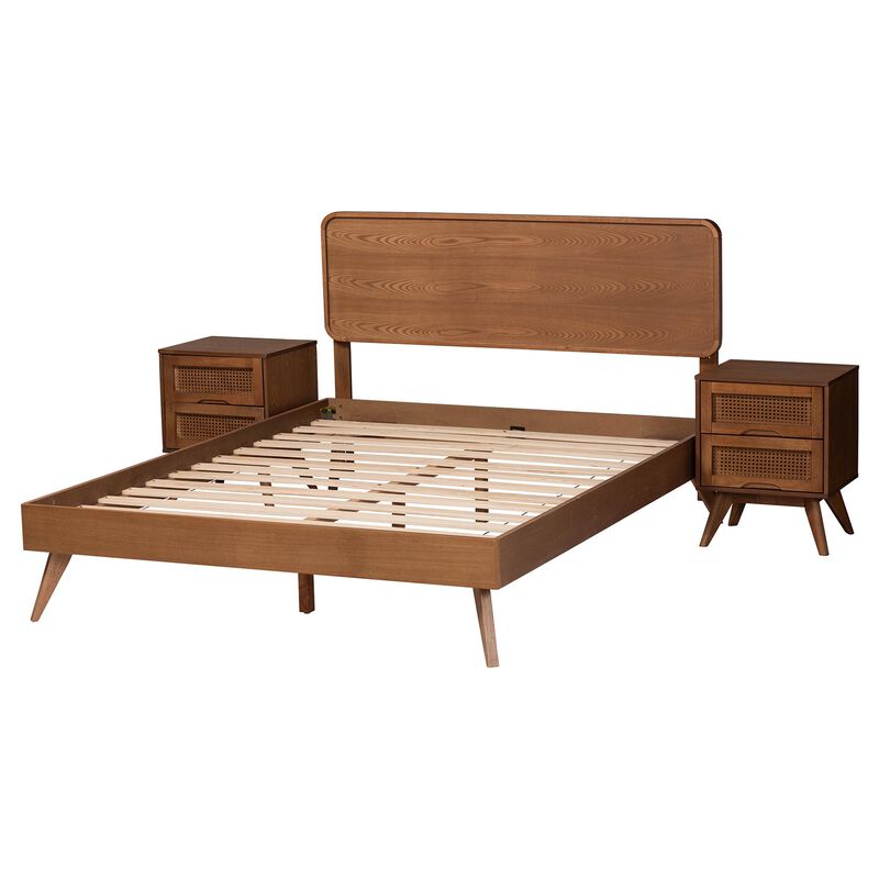 Baxton Studio Demeter Mid-Century Modern Walnut Brown Finished Wood Queen Size 3-Piece Bedroom Set
