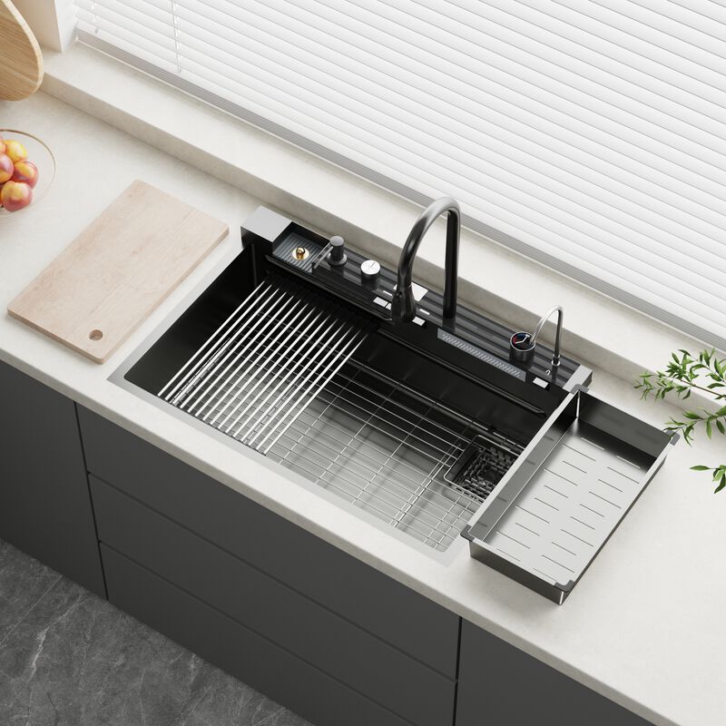 FUFU&GAGA PVD 304 Stainless Steel Kitchen Sink with Cutting Board, Drain Rack, and Smart Faucet,(33.1" W x 22" D x 24.6" H),Black